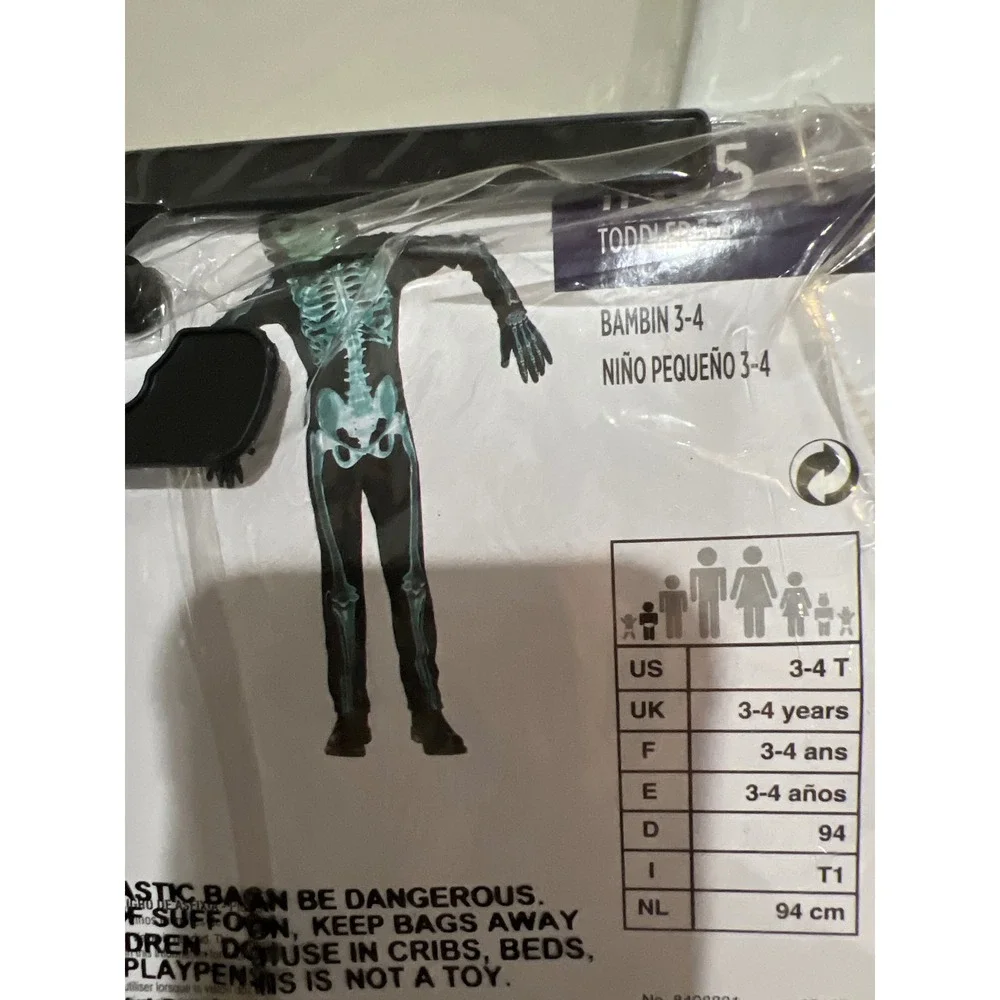 Skeleton Costume Toddler 12-14 Black New Glow-in-the-Dark Halloween Jumpsuit